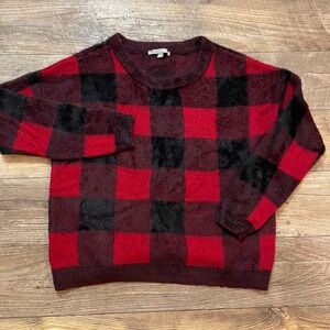 Cyrus Womens Buffalo Plaid Sweater Red Black Fuzzy Checkered Crew Neck C981910FM